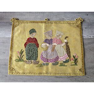Vtg Decor Tapestry Wall Art Hanging Handmade Needlecraft Ribbon Girls Boy 18x14